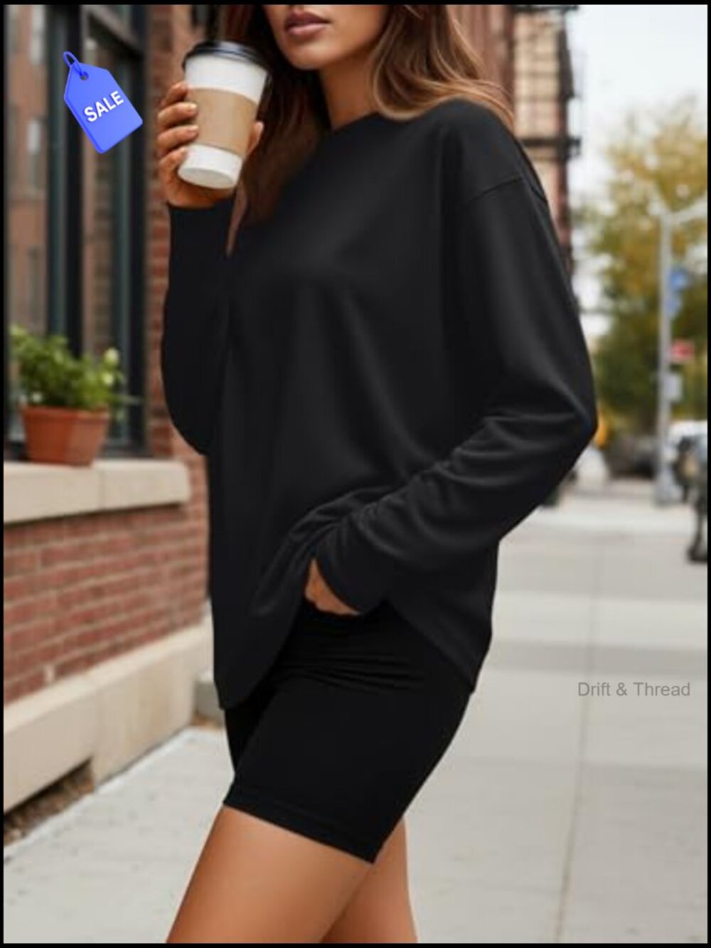 Oversized Long Sleeve T-Shirt, Lightweight Stretch Fabric, Crew Neck Basic Tee - Picture 3 of 7